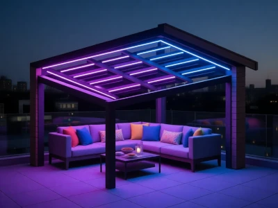 Bioclimatic pergola with integrated LED lighting creating colored ambiance 3b75e