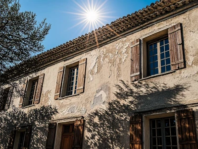 Effet UV soleil intense sur enduit façade maison méditerranéenne Var