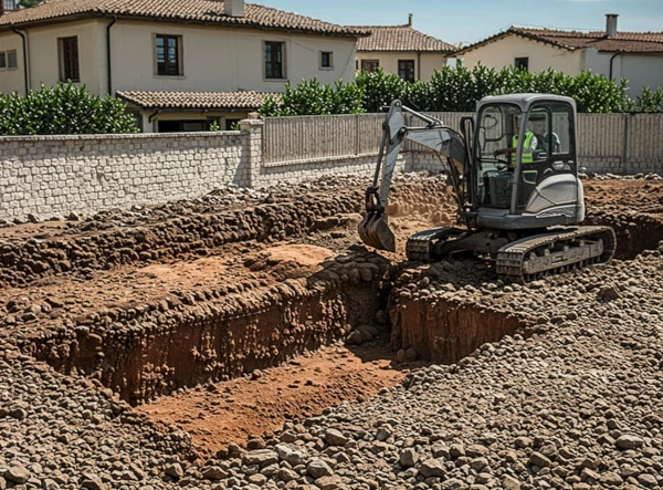 Terrasse en pierre calcaire sur chantier de maçonnerie à Fréjus avec vue sur le Var