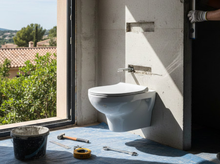 Installation WC suspendu moderne villa Fréjus Var chantier rénovation