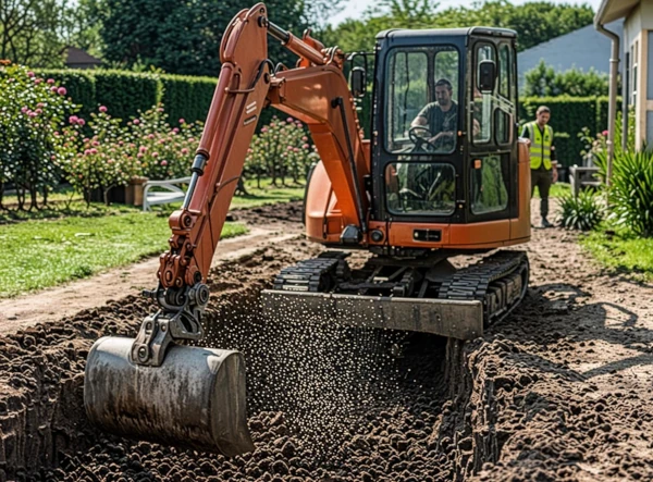 Travaux de décaissement terrasse avec mini pelleteuse sur chantier Fréjus