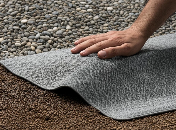 Installation feutre géotextile sur sol argileux avant remblai gravier