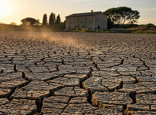 Coucher de soleil sur terrain sec et craquelé dans le Var illustrant le retrait de l'argile