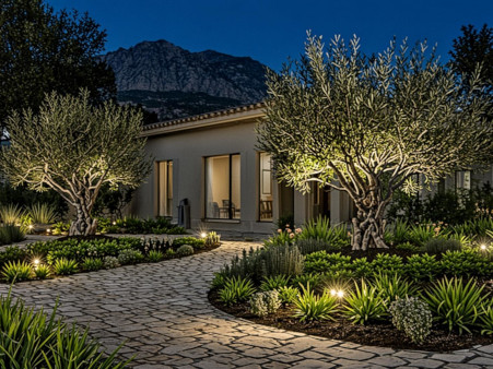 Éclairage extérieur de luxe villa moderne Fréjus soirée méditerranéenne Azur Bati 83