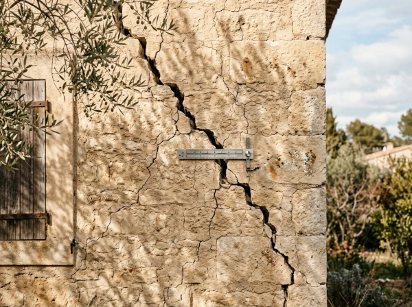 Fissure évolutive sur la façade d'une maison à Fréjus dans le Var, causée par le retrait-gonflement des sols argileux