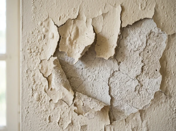 Peinture qui cloque et plâtre qui s'effrite sur un mur de maison à Fréjus dans le Var, signe d'infiltration par les pluies