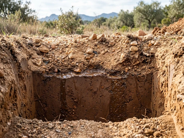 Coupe de terrain montrant un sol argileux et sableux typique du Var près de Fréjus, avec stagnation d'eau en surface