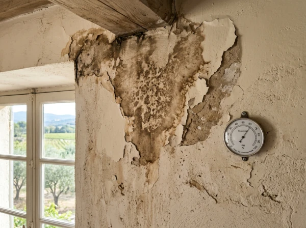 Tache d'humidité et auréole sur un mur intérieur d'une maison à Fréjus dans le Var, signe d'infiltration après les pluies d'automne