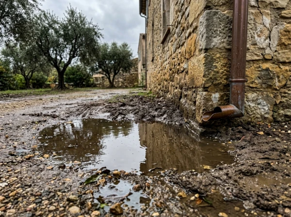 Flaque d'eau stagnante au pied d'un mur de maison à Fréjus dans le Var après une pluie d'automne