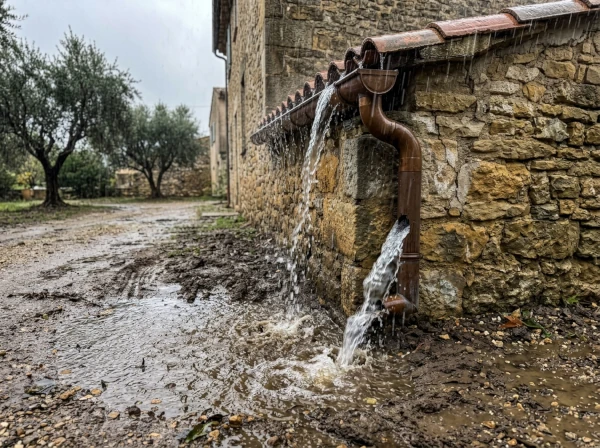 Gouttière et descente d'eau pluviale débordante sur une maison à Fréjus dans le Var, cause fréquente d'infiltration