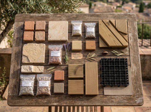 Échantillons de matériaux d'aménagement extérieur adaptés au climat du Var à Fréjus : pavés, graviers, bois, pierre
