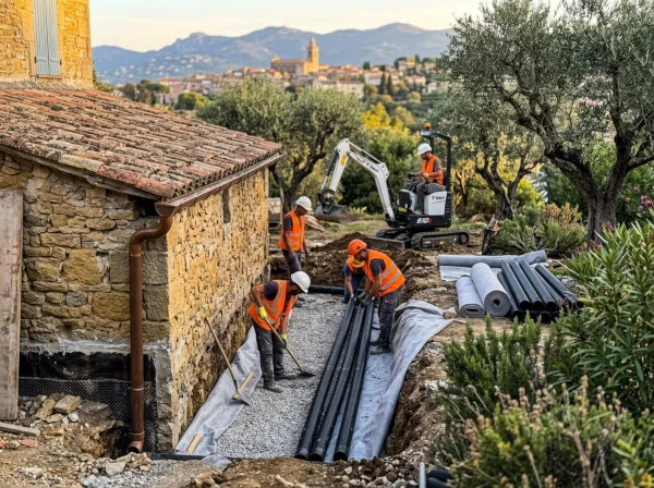 Préparation d'un terrain à Fréjus dans le Var avec tranchée de drainage avant les pluies d'automne