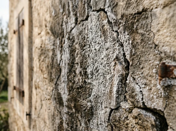 Dépôts de salpêtre et efflorescences blanches sur un mur humide d'une maison du Var près de Fréjus