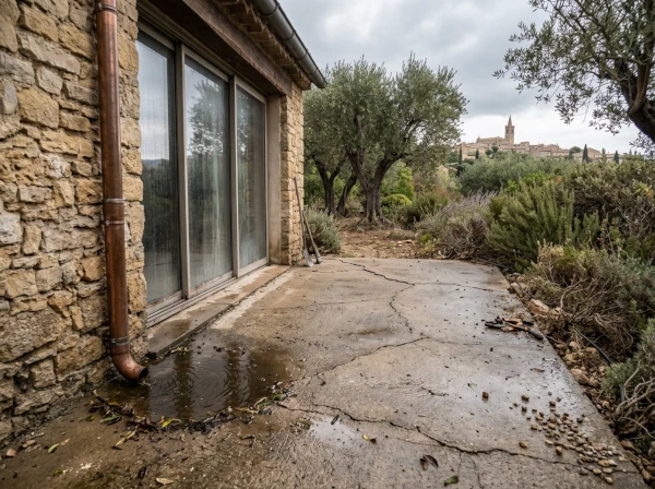 Exemple d'erreur d'aménagement extérieur dans le Var : terrasse en pente vers la maison à Fréjus