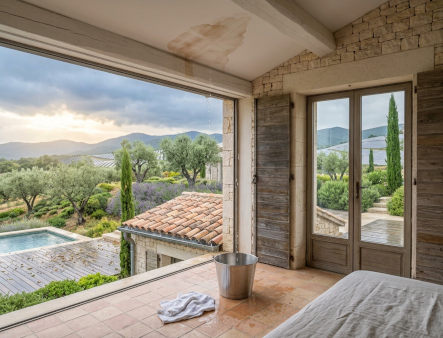 fuite-toiture-episode-mediterraneen-frejus.webp" alt="Fuite en toiture après un épisode méditerranéen dans une villa à Fréjus, Var : tache d’humidité au plafond, seau et propriétaire inquiet au téléphone