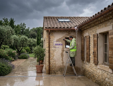 Artisan Fréjus inspectant une infiltration après les pluies d’automne sur une villa à Valescure dans le Var, intervention Azur Bati 83