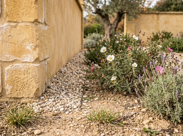 Zone de contact entre la terre et un muret en maçonnerie dans un jardin à Fréjus, contrôle avant l'hiver