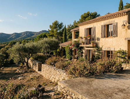 Vue d'un muret en pierre et d'une façade enduite d'une villa à Fréjus, éléments de maçonnerie extérieure à contrôler avant l'hiver