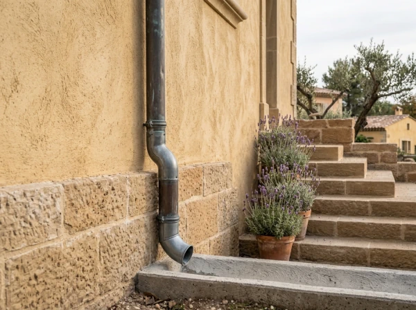 Descente d'eau pluviale fixée sur une façade en maçonnerie à Fréjus, contrôle avant l'hiver