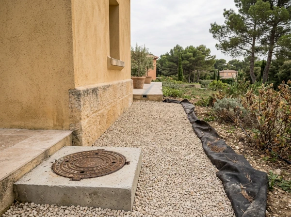 Regard de visite et évacuation d'un drainage périphérique autour d'une maison à Fréjus, contrôle avant l'hiver