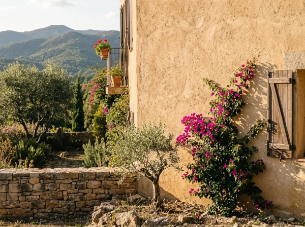 Façade enduite à la chaux ocre d'une maison à Fréjus, contrôle de l'enduit avant l'hiver