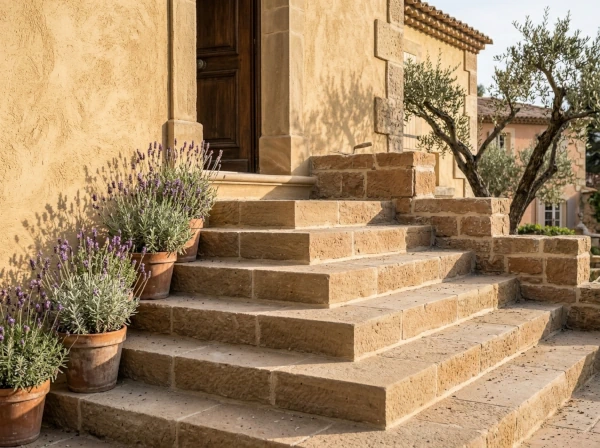 Escalier extérieur en maçonnerie et seuil de porte d'une maison à Fréjus, contrôle avant l'hiver