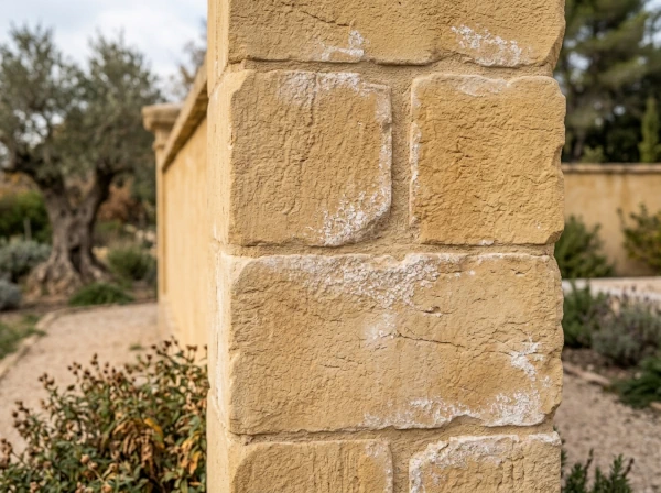 Détail de pierres naturelles calcaires sur un ouvrage en maçonnerie à Fréjus, contrôle du vieillissement avant l'hiver