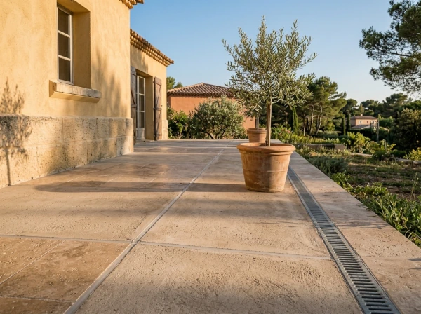 Terrasse en dalles de béton avec pente d'évacuation dans une villa à Fréjus, contrôle avant l'hiver