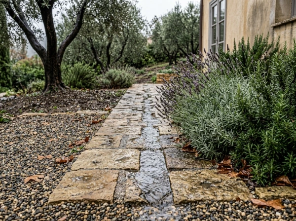 Allée en pavés avec jointoiement drainant après la pluie à Fréjus