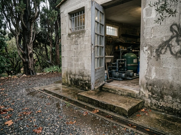 Drainage autour d'un local technique de piscine après la pluie à Fréjus