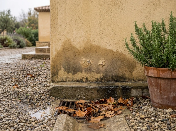 Inspection du pied de mur et du soubassement d'une maison à Fréjus après la pluie