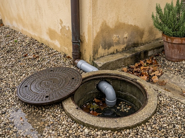 Regard de visite d'eaux pluviales au pied d'une descente de gouttière à Fréjus