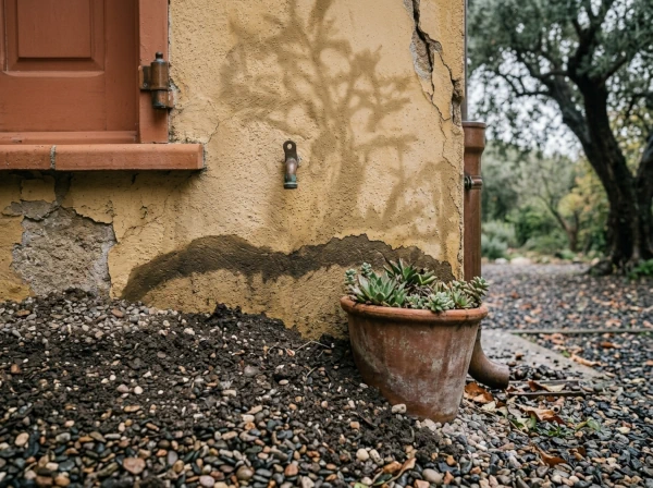 Terre remontée contre la façade d'une maison à Fréjus, erreur après la pluie