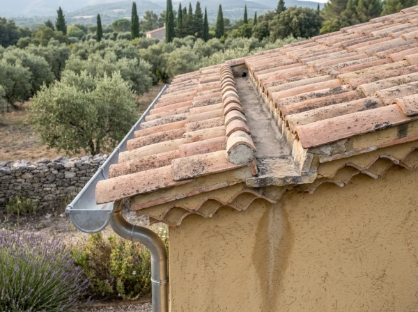 Chéneau encaissé dans la maçonnerie d'une maison provençale à Fréjus