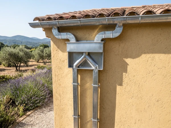 Plusieurs descentes d'eau pluviale alignées sur une façade à Fréjus