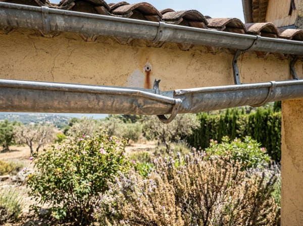 Gouttière abîmée et crochet décroché sur une maison à Fréjus