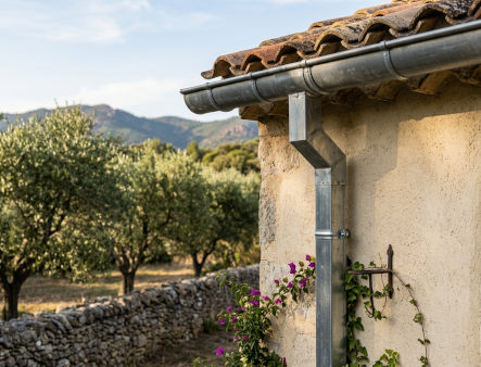 Gouttière et descente d'eau pluviale sur une villa à Fréjus, Est Var