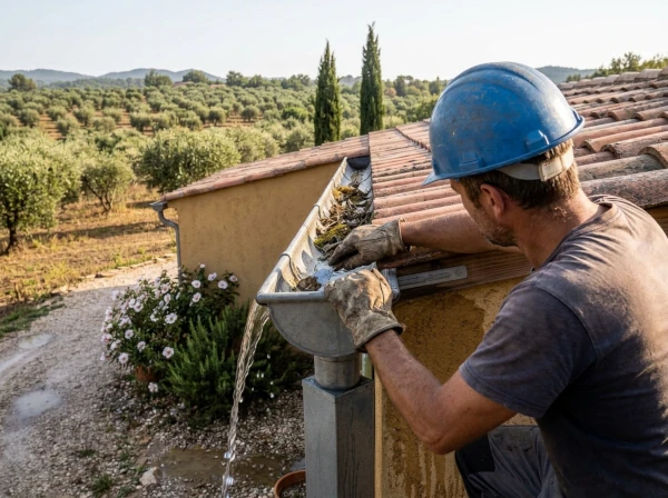 Artisan Fréjus intervenant sur une gouttière et une descente dans le Var
