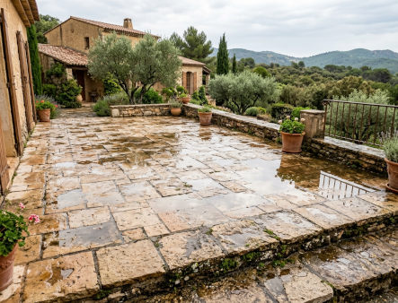Terrasse qui retient l'eau avec pente insuffisante à Fréjus dans le Var