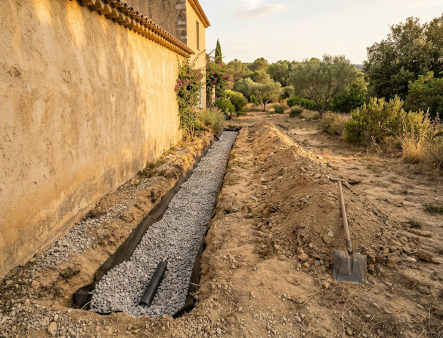 Drainage autour d'une maison à Fréjus avec tranchée périphérique et graviers au pied des murs