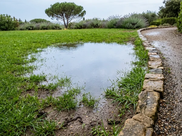 Flaque d'eau persistante sur une pelouse après un orage à Fréjus, sol argileux du Var