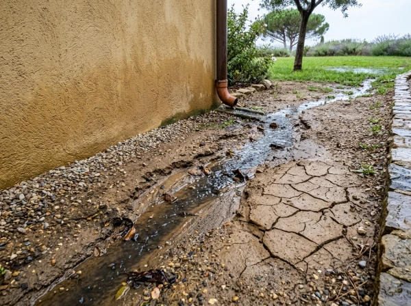 Ruissellement d'eau de pluie le long d'un mur de maison à Fréjus, sol argileux fissuré du Var