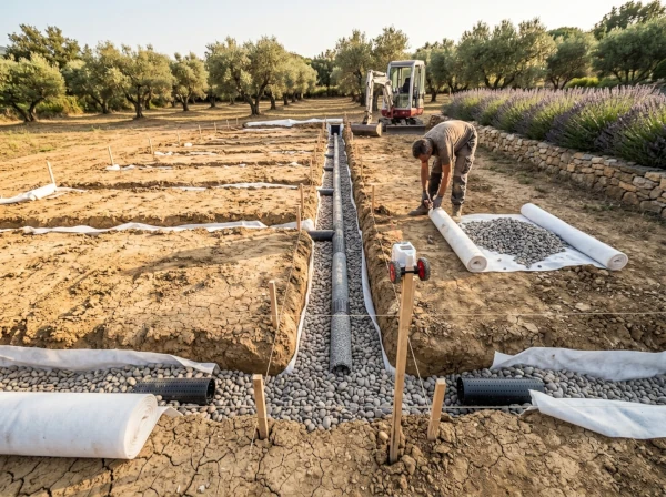 Réseau de drainage à la française en arêtes de poisson dans un jardin à Fréjus