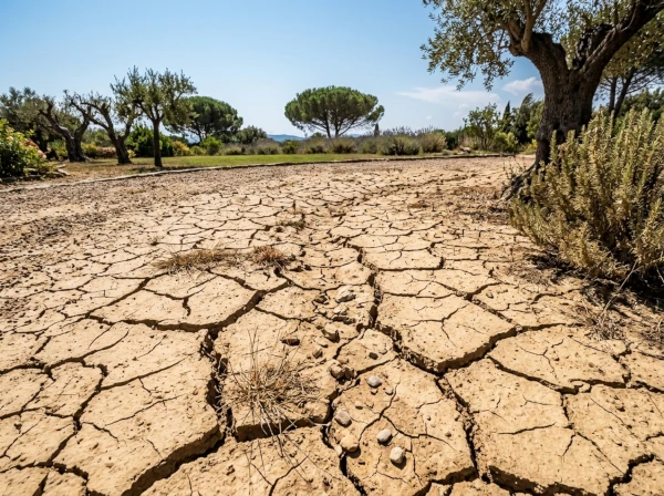 Sol argileux sec et fissuré en fin d'été dans un jardin à Fréjus avant les pluies