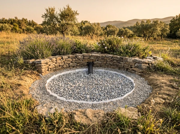 Puits d'infiltration et exutoire de drainage dans un jardin à Fréjus dans le Var