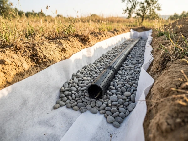 Géotextile et gravier lavé dans une tranchée de drainage à Fréjus dans le Var