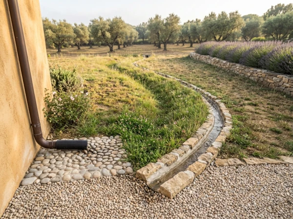 Noue engazonnée et caniveau pour eaux pluviales devant une maison à Fréjus