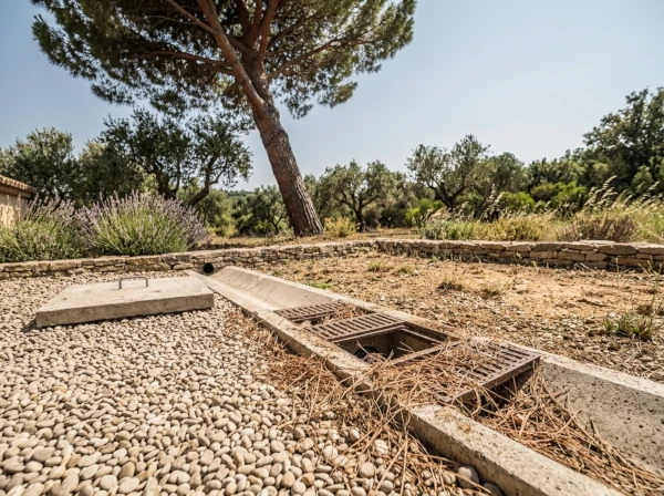 Racines et sable accumulés dans un caniveau de drainage exposé au mistral à Fréjus