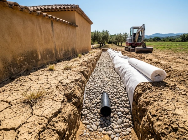 Tranchée drainante périphérique en graviers le long d'une maison à Fréjus dans le Var