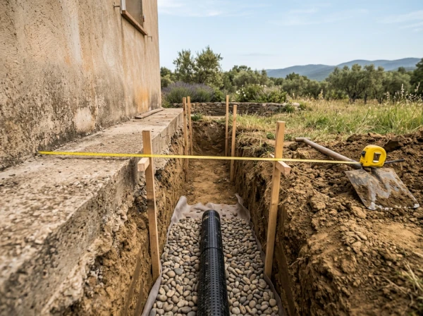 Tranchée de drainage à distance des fondations d'une maison à Fréjus dans le Var